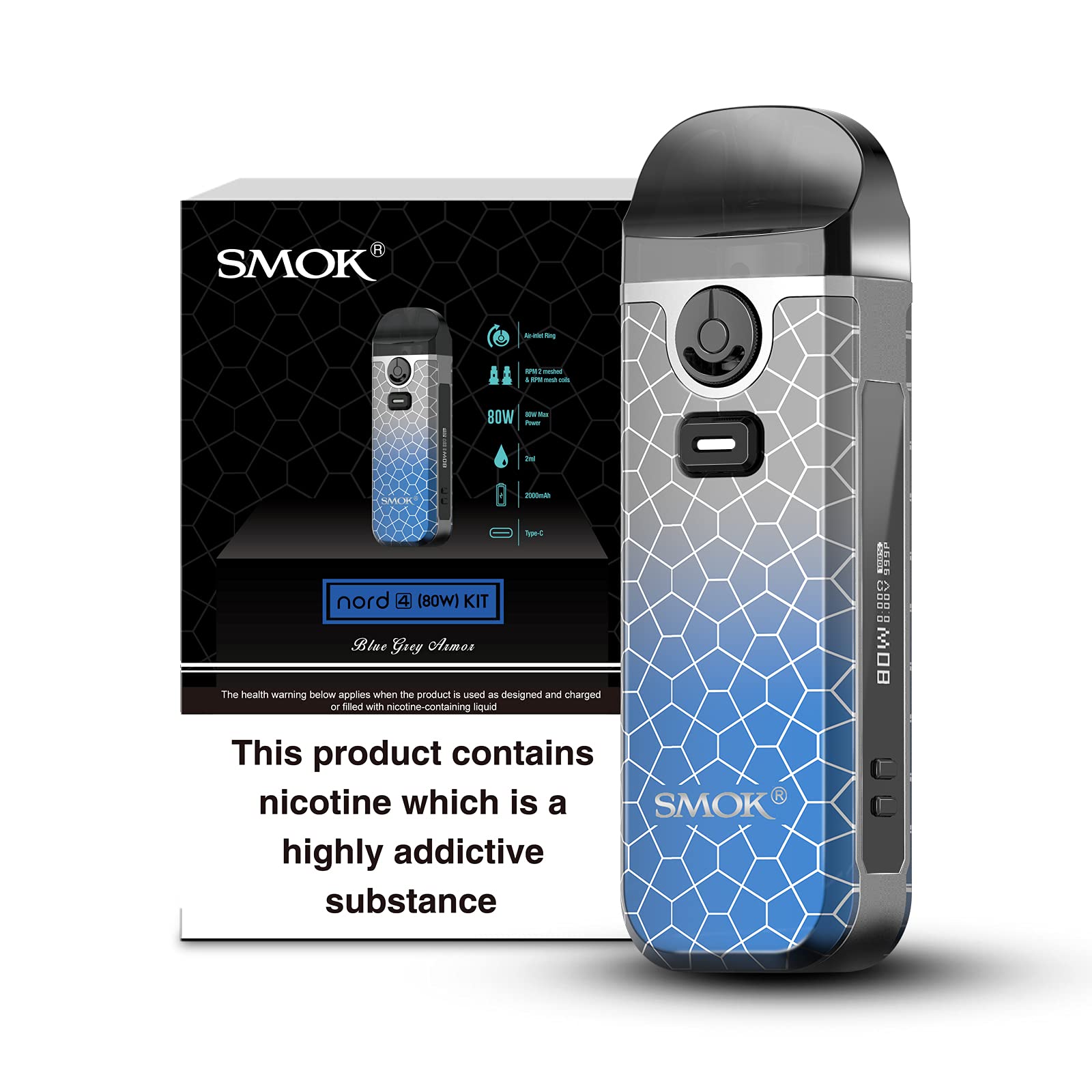SMOK Nord 4 Vape Kit Blue Grey Armor 2000mAh Rechargeable Beginner Friendly E Cigarette Mod Compatible RPM and RPM2 Coils 2ml Tank No Nicotine