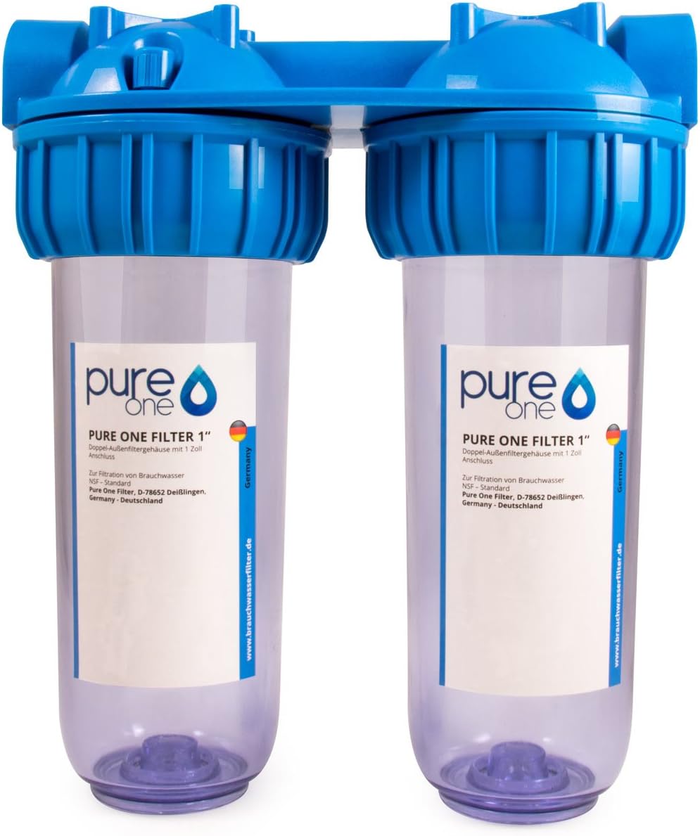 'PureONE Double Filter Housing 10 inch with 1 inch, 3/4 "or 1/2 Female Port. Enclosure for 10 inch Water Filter Water Well Water Butt, House Work. Includes Teflon Tape