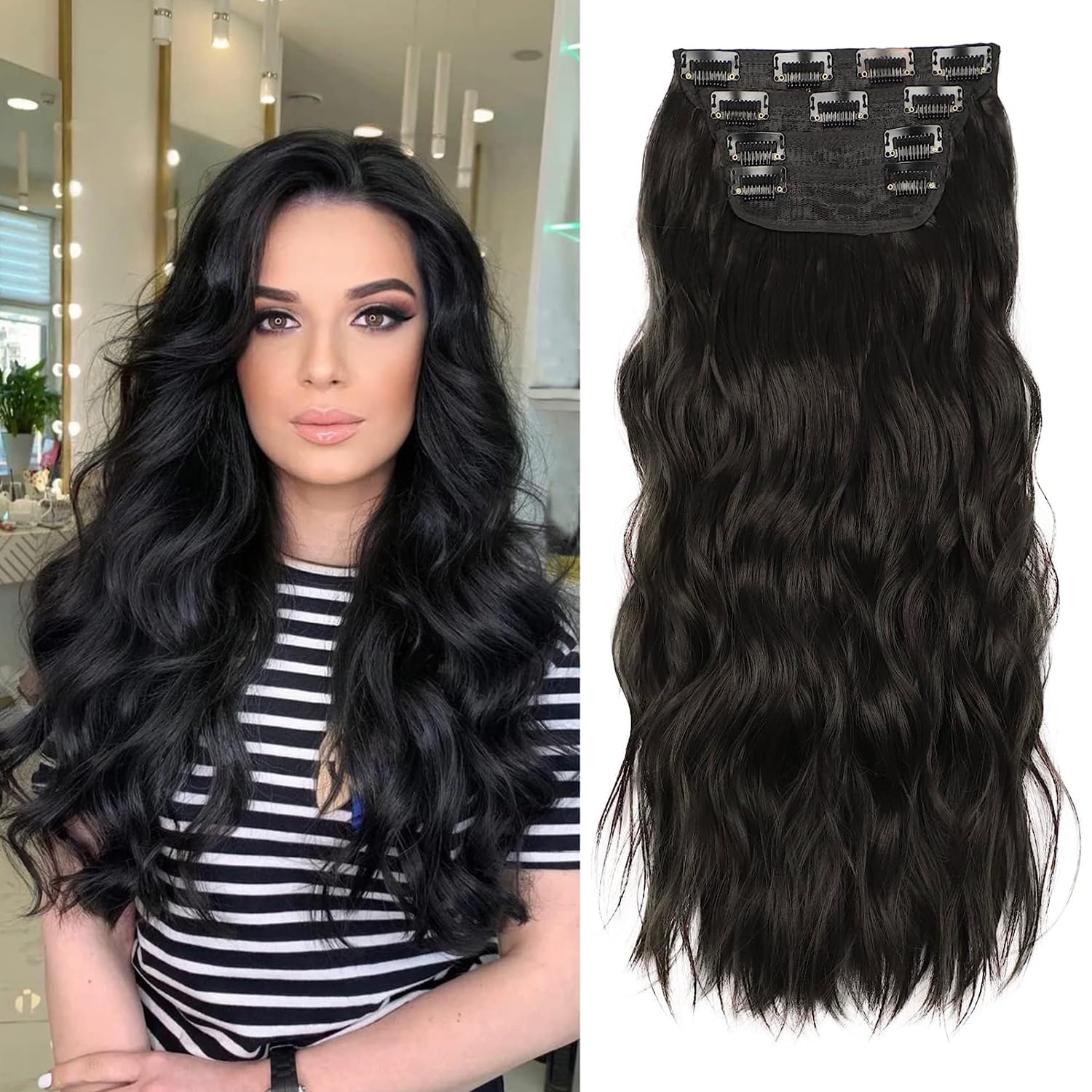 Photo 1 of Black Hair Extensions, 20 Inches Soft Synthetic Curly Hair Extensions Clip ins (Color: Black)