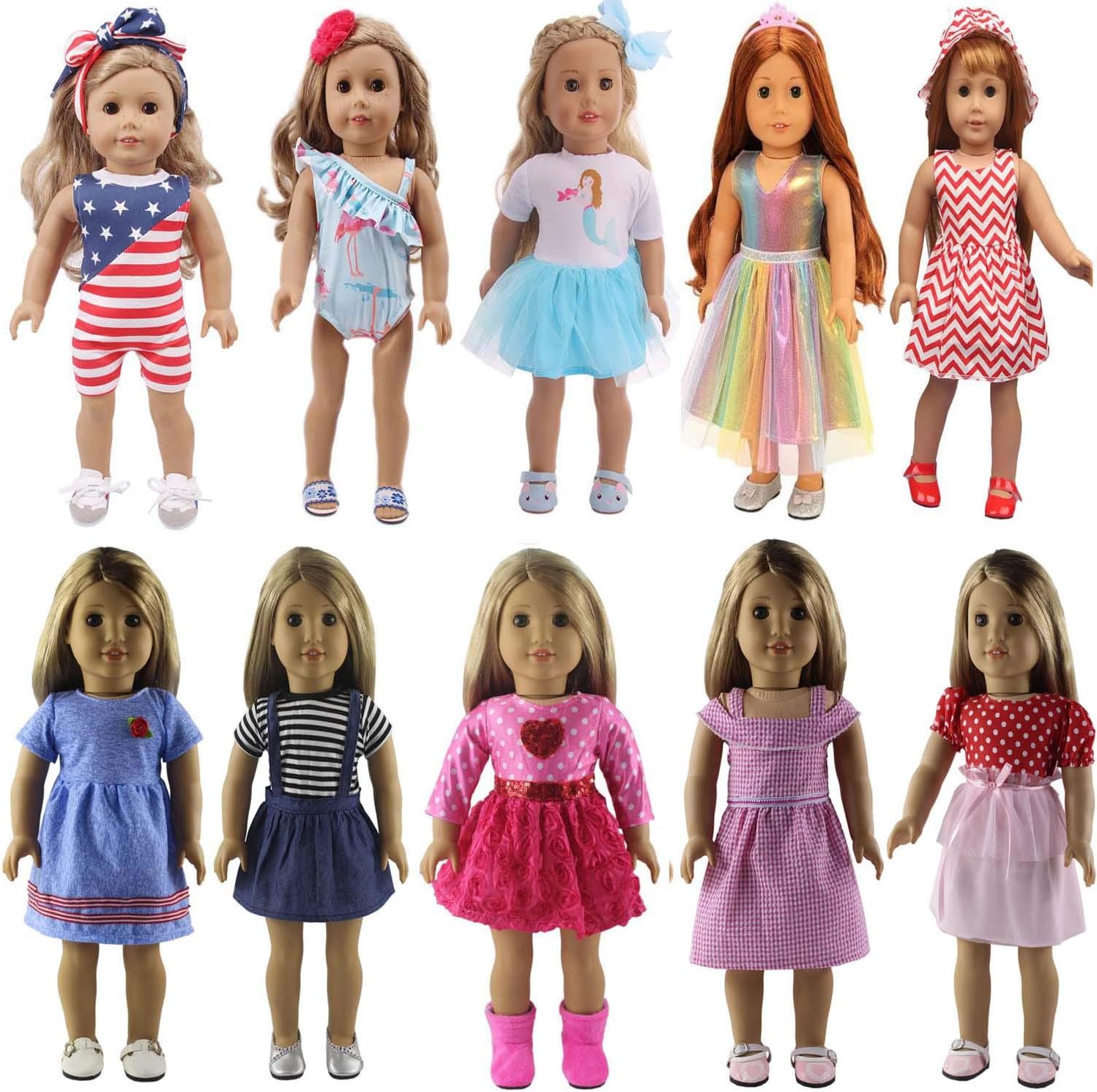 Aimee American Doll Clothes and Accessories fit American 18 inch Girl Dolls - Including 10 Complete Set Doll Outfits and Doll Accessories with Cap, Crown,Bag, Underwear and Hair Clip