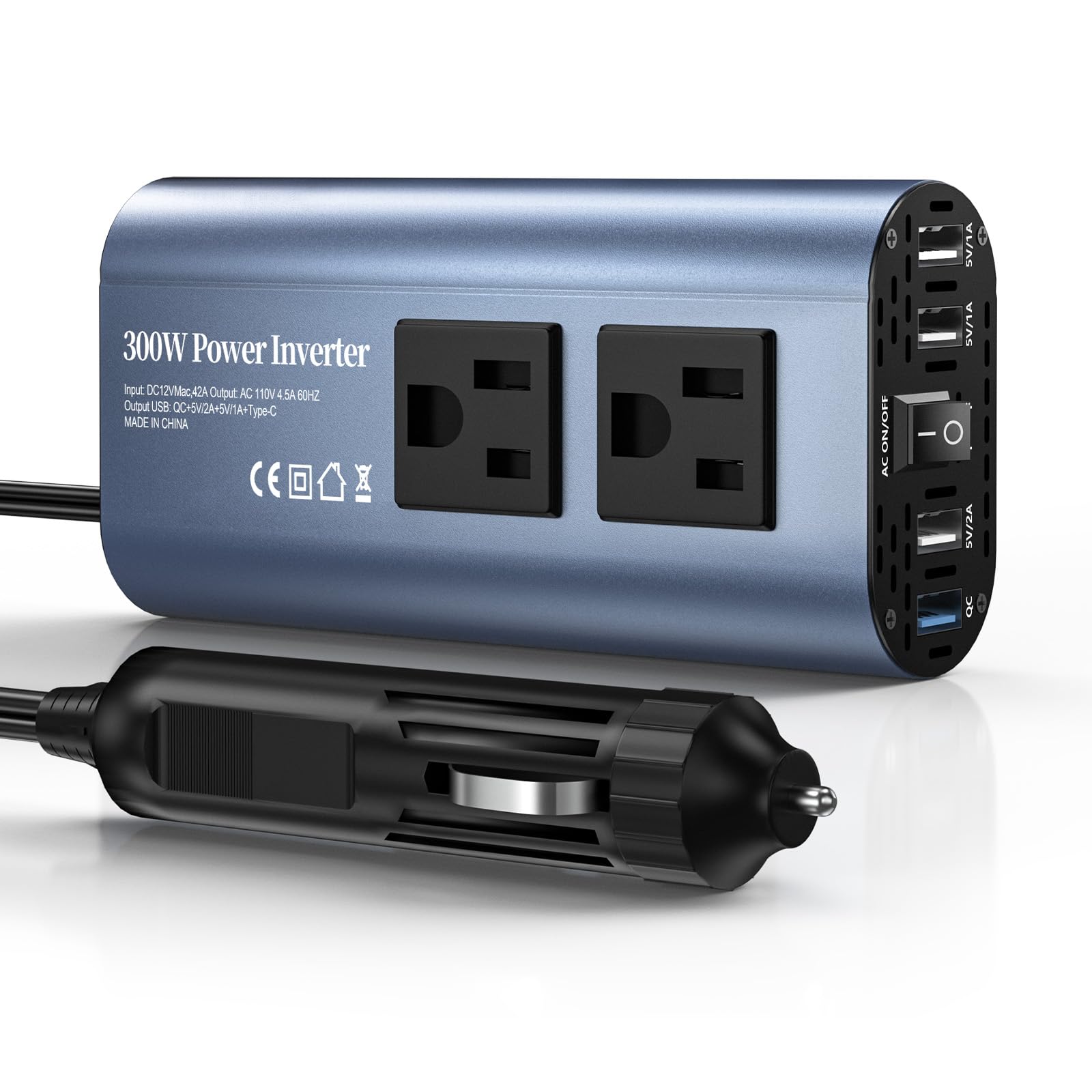 Photo 1 of TAGEEBLU 300W Car Power Inverter, DC 12V to 110V AC Car Plug Adapter Outlet with USB-Fast Charger(25W)? USB-A?20W? and Dual AC Outlet, QC3.0, 4 USB Ports, Car Charger for Laptop?Phone, etc