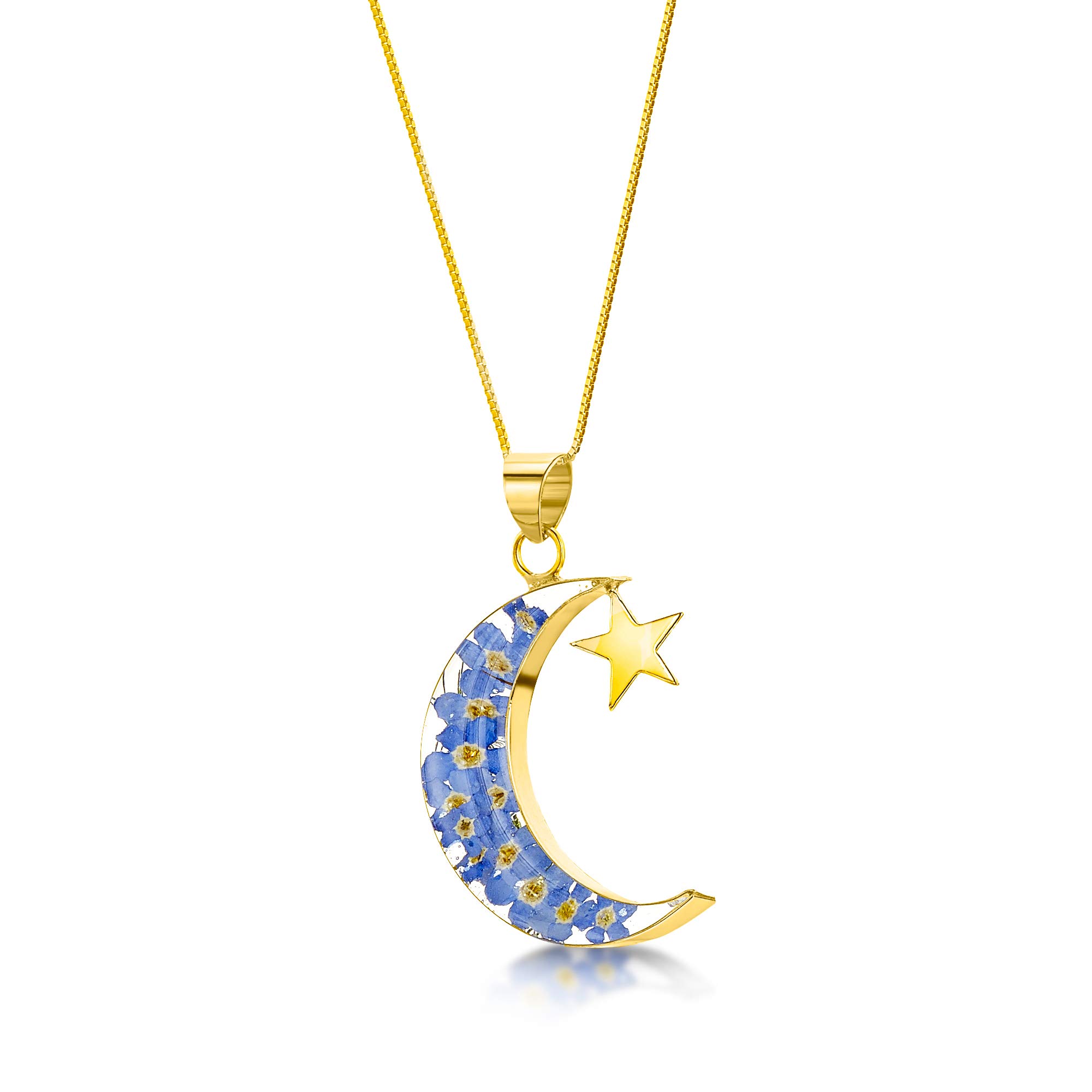Shrieking Violet 18ct Gold-Plated Moon and Star Real Flower Pendant Necklace - Forget-Me-Not (Blue)