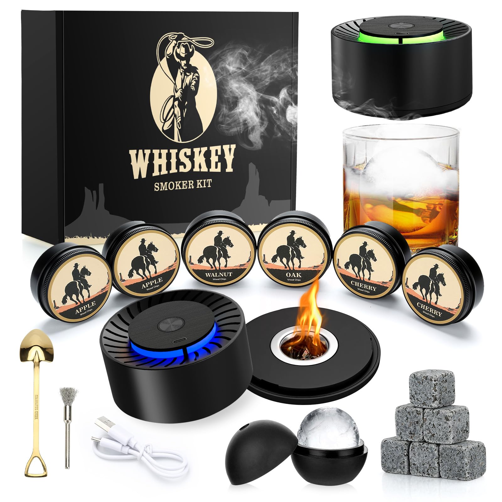 Elektrisches Whiskey Smoker Set with 6 Holzspäne, 6 Whisky Steine