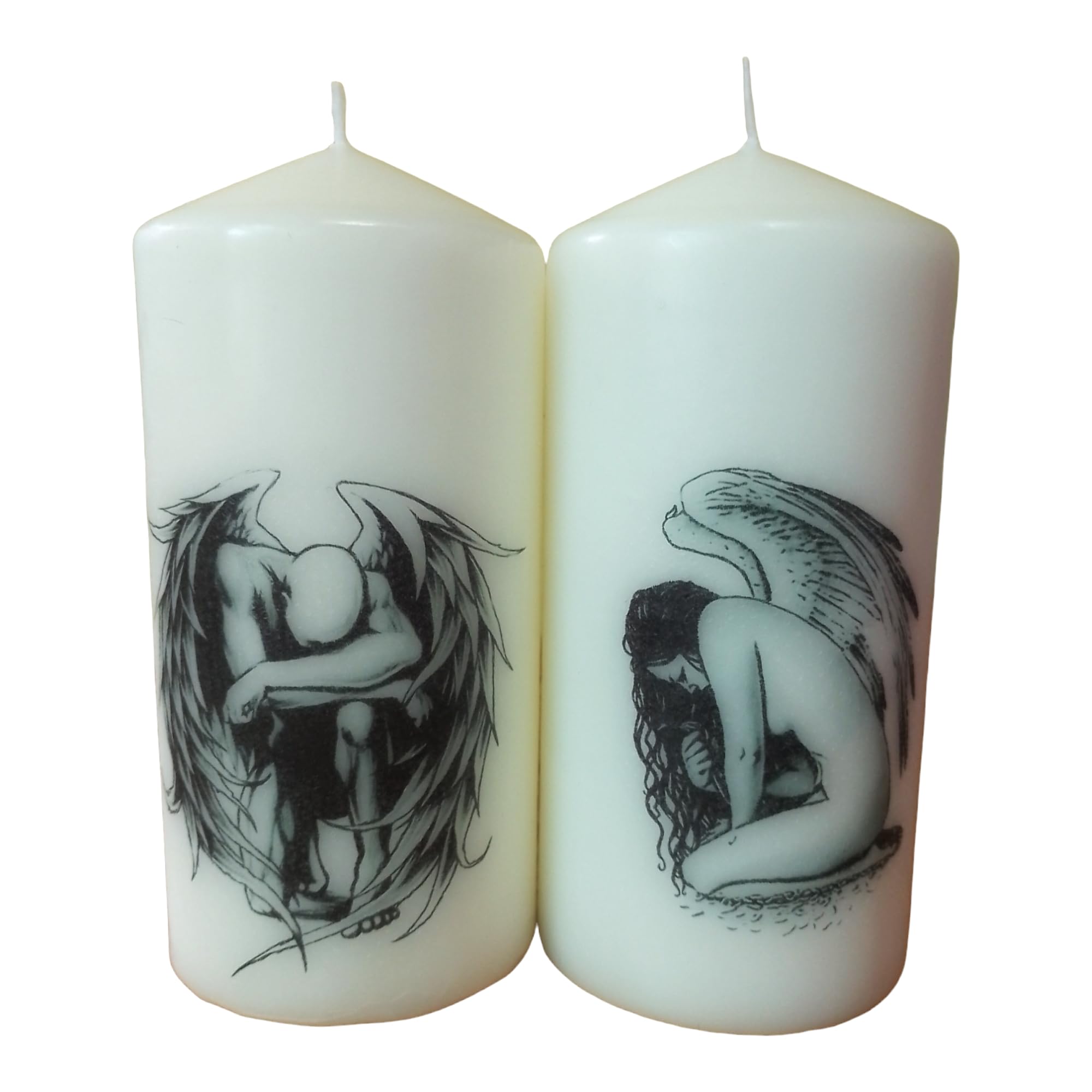 Pillar unscented Wax Candle Set of Two Angel Decoration Hand Decorated Relax Meditation Home Decor