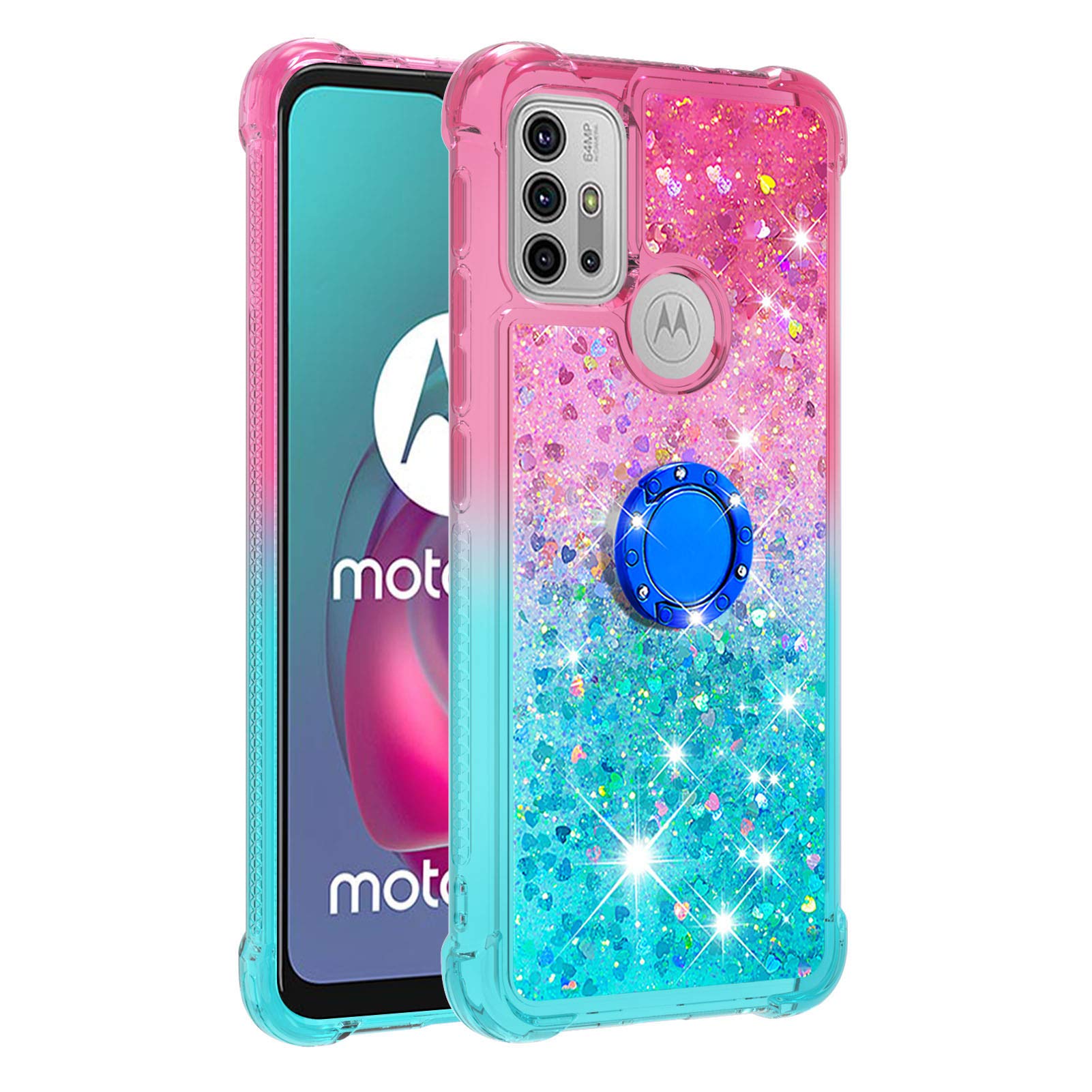 Motorola Moto G30/Moto G10 Case with Ring Buckle Stand, ShockProof Silicone Gradient Two-Tone Glitter Quicksand Floating Liquid Soft TPU Protective Phone Case for Moto G30/Moto G10, Pink & Sky-Blue