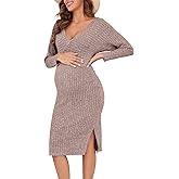 guruixu Wrap V Neck Maternity Sweater Dress Rib Knit Batwing Open Back Slit Pregnancy Dresses Baby Shower Photoshoot Outfit