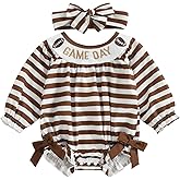 AHUGHAUE Football Baby Girl Outfit Game Day Embroidery Long Sleeve Romper Striped Bodysuit with Headband 2 Piece Fall Clothes