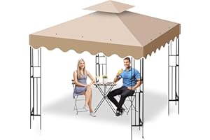QDRECLOD 10'X10' Gazebo Canopy Top Replacement, Double Tier Gazebo Canopy Replacement Top Cover with Air Vent, Grill Gazebo Top Roof for Shop Garden Patio Yard Outdoor, Pavilion Cover Sunshade (Khaki B)