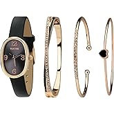 TIME100 Women's Oval Watch and Premium Crystal Accented Bracelet Set, Leather Band