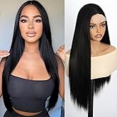 Ellieryan 28 Inch Long Straight Black Wigs for Women Synthetic Heat Resistant Natural Looking Middle Part Black Wig for Daily Use Party Cosplay