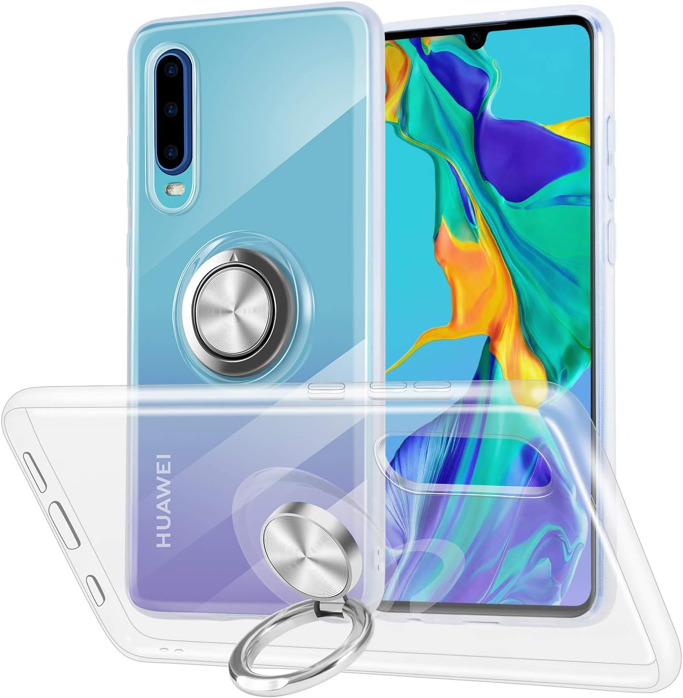 BESINPO Huawei P30 Case Clear Slim Soft Transparent Anti-Scratch Shockproof Magnetic Kickstand Case Cover with Ring Rotation Holder for Huawei P30