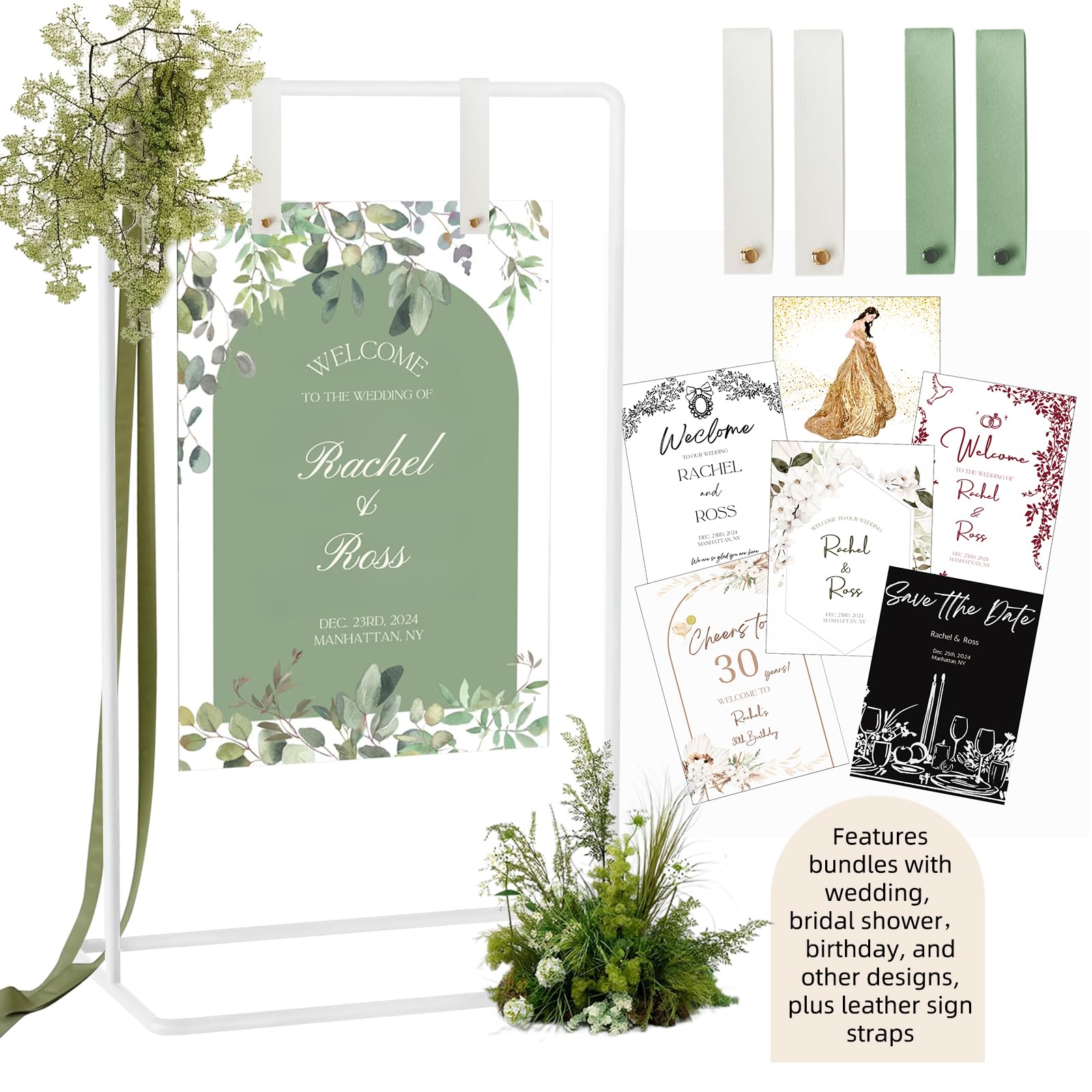 Photo 1 of Wedding Sign Holder, Adjustable Welcome to Our Wedding Sign Stand W/Design Bundle & Leather Sign Hanging Straps, Heavy Duty Easel Stand for Sign, Wedding Seating Chart Stand, Easel for Display (White)