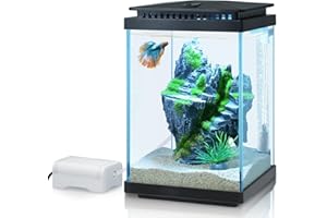 FEDOUR Small Glass Aquarium, 1 Gallon Desktop Fish Tank, Betta Fish Tank, Mini Aquarium Starter Kit with Air Pump LED Light Decoration Water Changer Fish Net (Black)