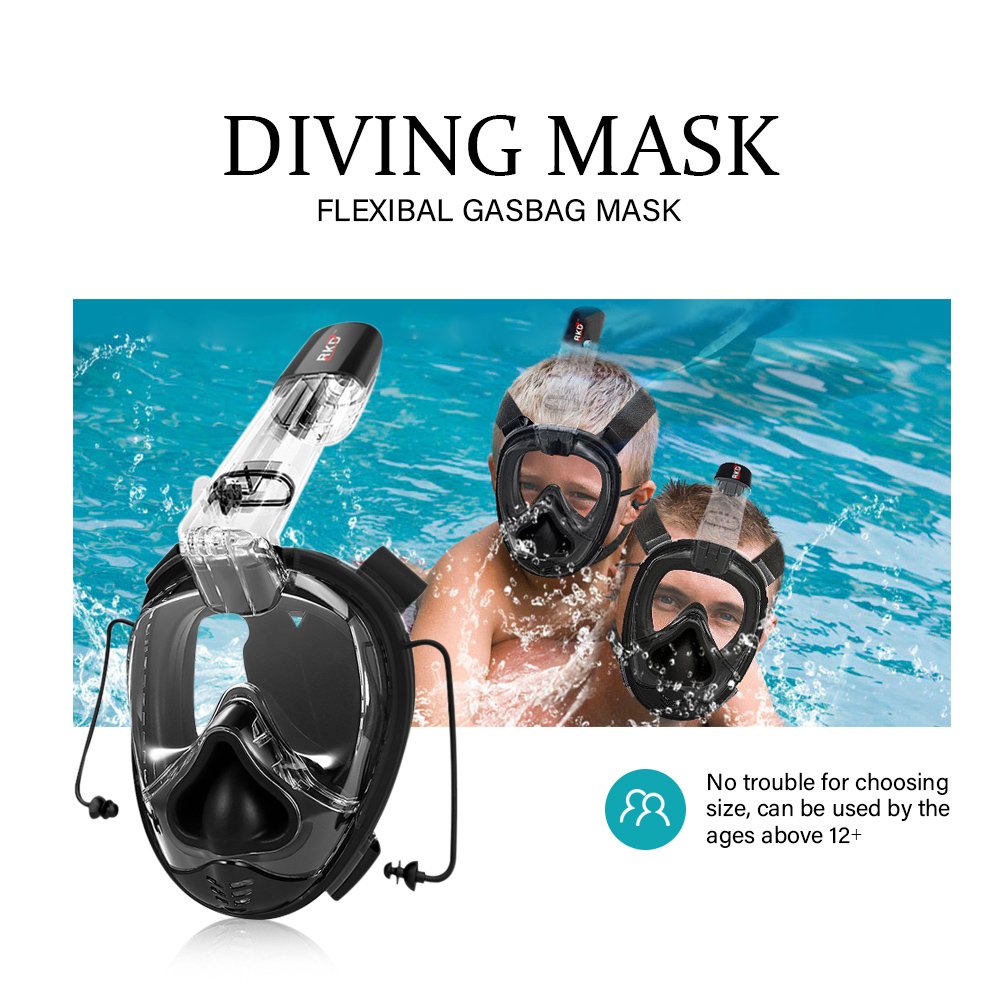 X-CAT (One Size All) NACATIN 2018 Newly One-Piece Full Face Snorkel Mask GASBAG Design, Comfortable Anti-Flog Scuba Masks Larger Viewing Area Closer to Water, Black