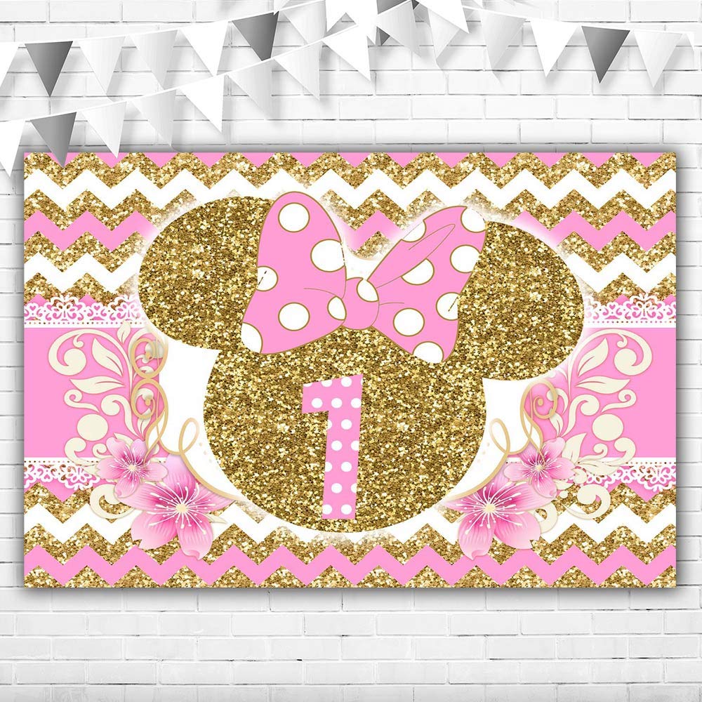 Minnie Mouse Backdrop for 1st Birthday 5x3ft Pink and Gold Minnie Mouse