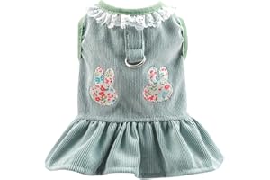 TENGZHI Dog Harness Dress with D Ring Rabbit Patch Lace Princess Puppy Dress Skirt Fall Winter Thick Corduroy Holiday Pet Clothes Dresses for Small Dogs Girl Cat Outfit (S, Green)