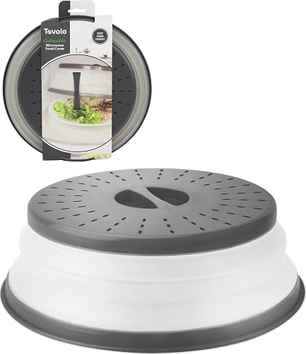 Tovolo Collapsible Microwave Splatter Cover 10.5" Medium, Charcoal | Vents release steam, easy-grip handle, doubles as a colander for rinsing produce, folds flat for storage, dishwasher safe
