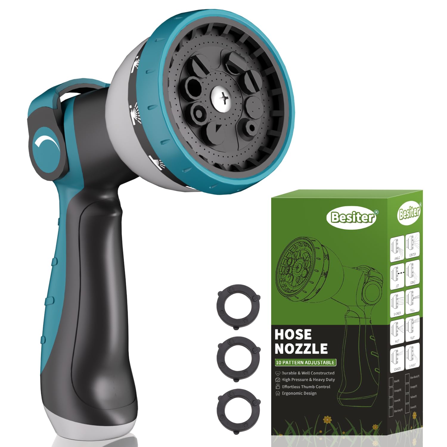 Photo 1 of Hose Nozzle, Garden Hose Nozzle with 10 Spray Patterns, Thumb Control On Off Valve, Adjustable and Heavy Duty for Washing Car, Watering Plants, Washing Pets, and Home Use