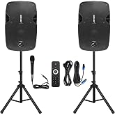 EXOTON 10 inch Professional Dual Powered PA Speakers, 2-Way Active&amp;Passive Loudspeakers, PA System Combo Set with Microphone/Tripods/Remote Control/Bluetooth/USB, Indoor&amp;Outdoor