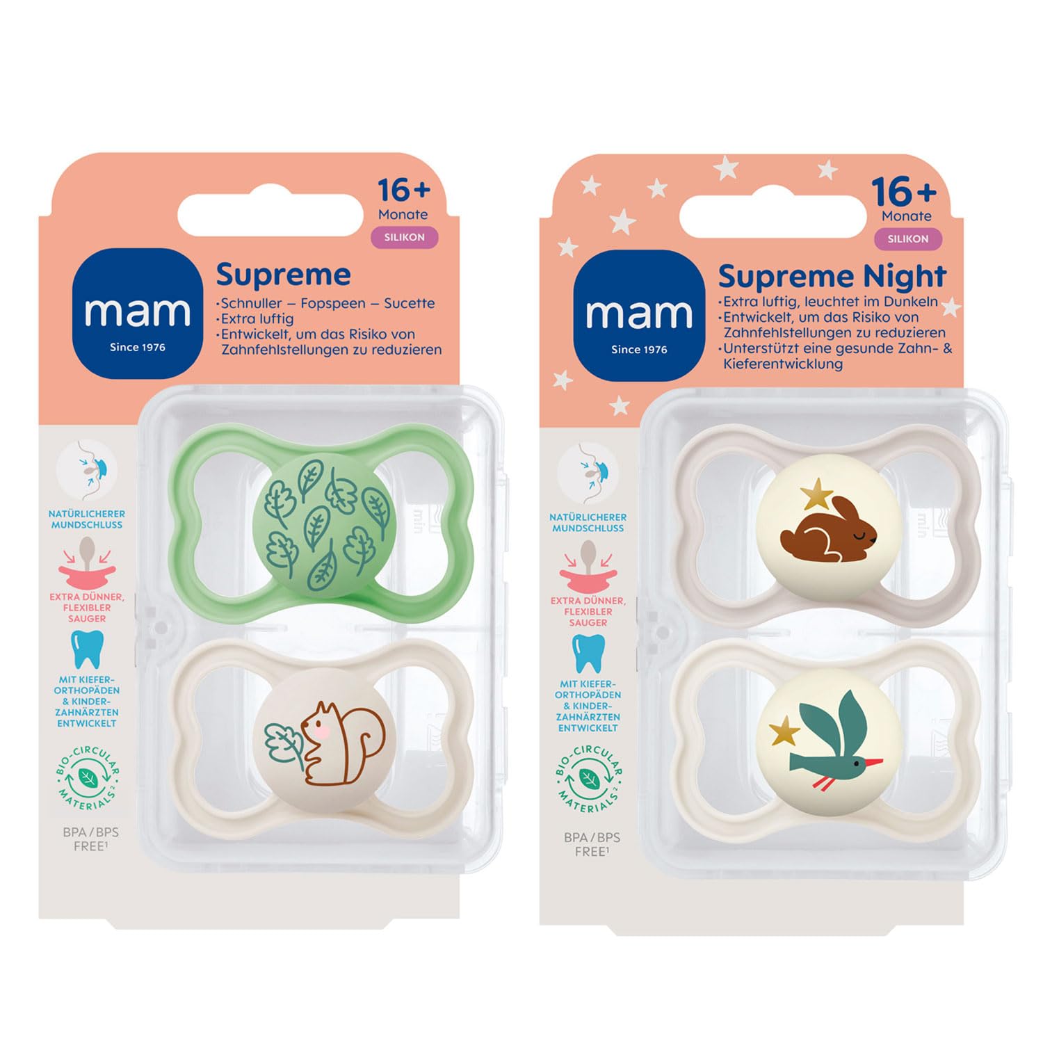MAM Supreme Dental Dummy 16 Months Plus, Pack of 4 for 16 +, Thin Teat - Orthodontic Soother, Skin-Friendly with Extra air Flow, incl. sterilising & Transport Box