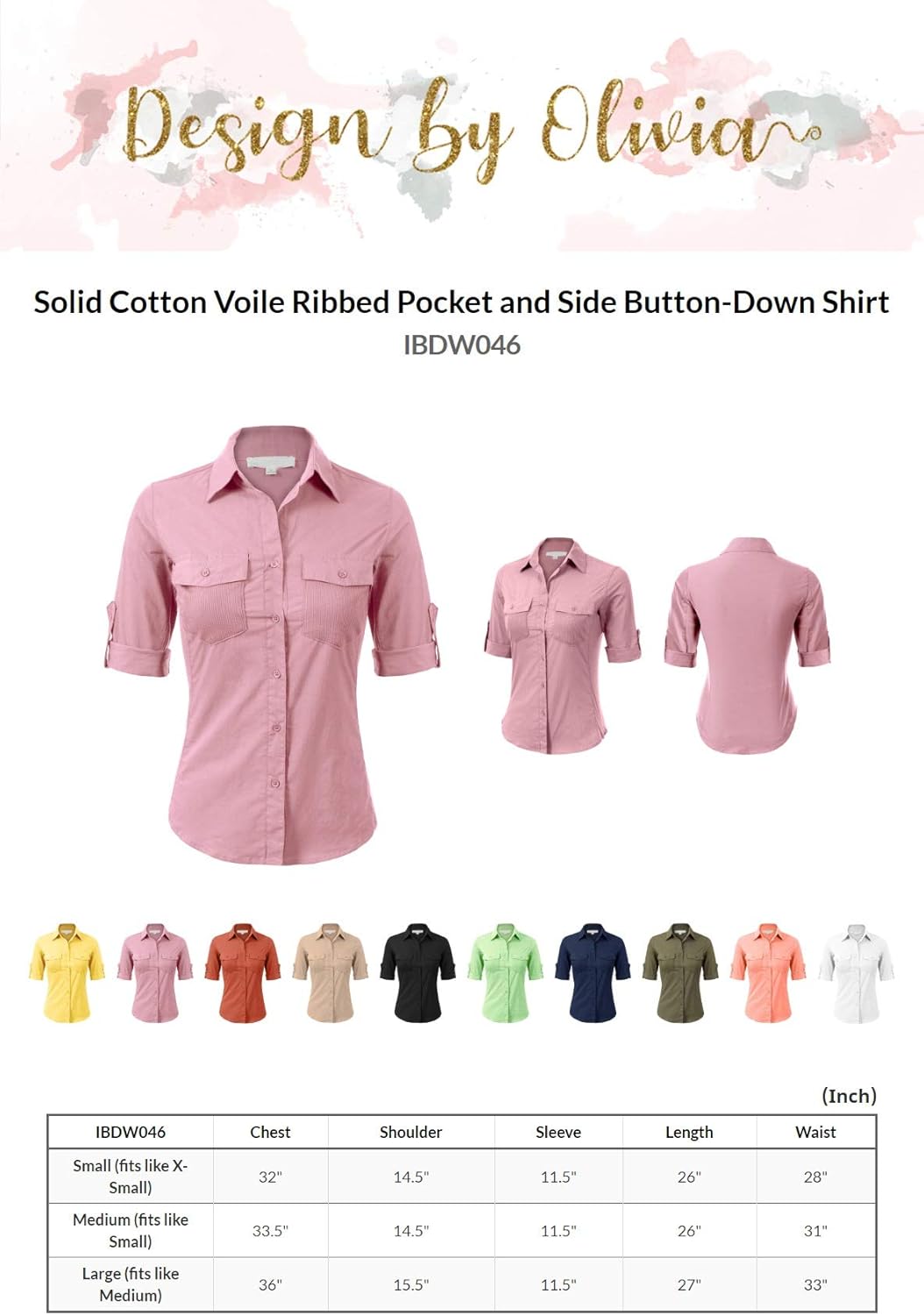 Design by Olivia Women's Solid Cotton Voile Ribbed Pocket and Side Button-Down Shirt: Clothing