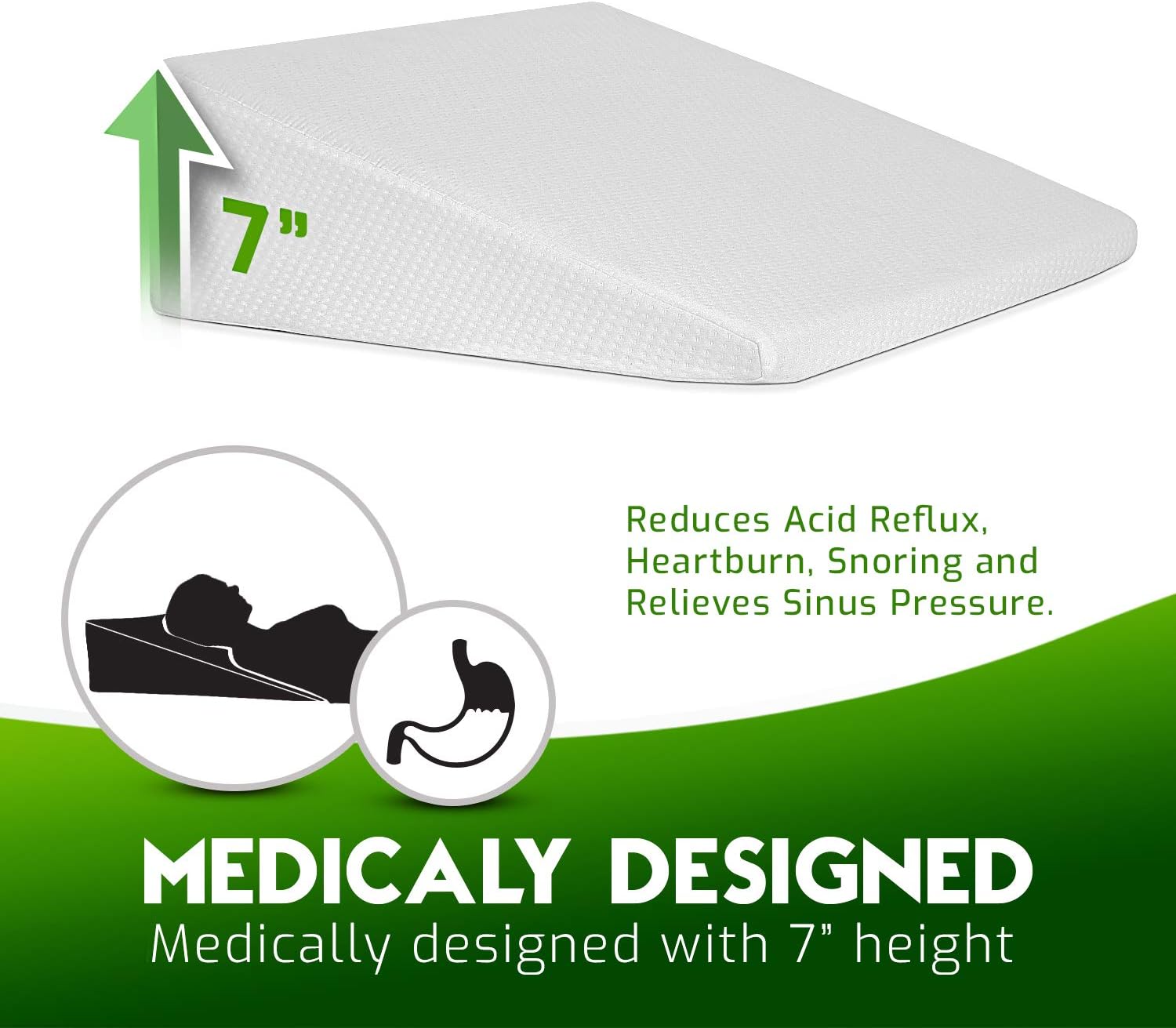 Bed Wedge Pillow with Memory Foam Top - Reduce Neck and Back Pain, Snoring, and Respiratory Problems - Ideal for Sleeping, Reading, Rest or Elevation - Breathable and Washable Cover - 7 in: Kitchen & Dining