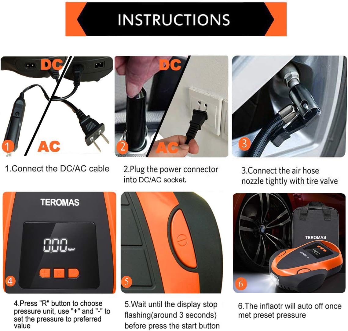TEROMAS Tire Inflator Air Compressor, Portable DC/AC Air Pump for Car Tires 12V DC and Other Inflatables at Home 110V AC, Digital Electric Tire Pump with Pressure Gauge: Automotive