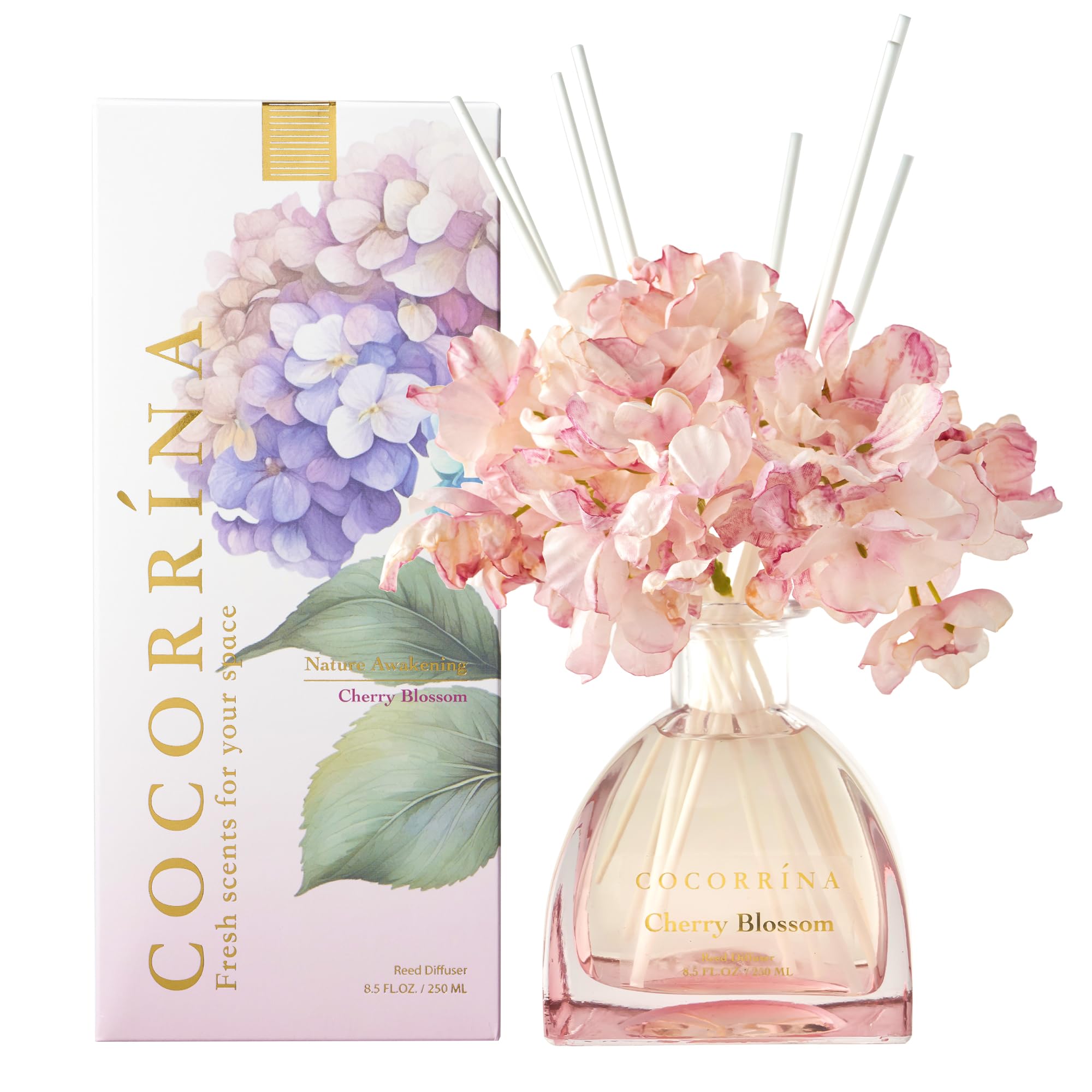 Photo 1 of COCORRÍNA Reed Diffuser - 8.5 Oz Cherry Blossom Reed Diffuser with 8 Sticks for Home Bathroom Shelf Decor (Simple Luxe Collection)