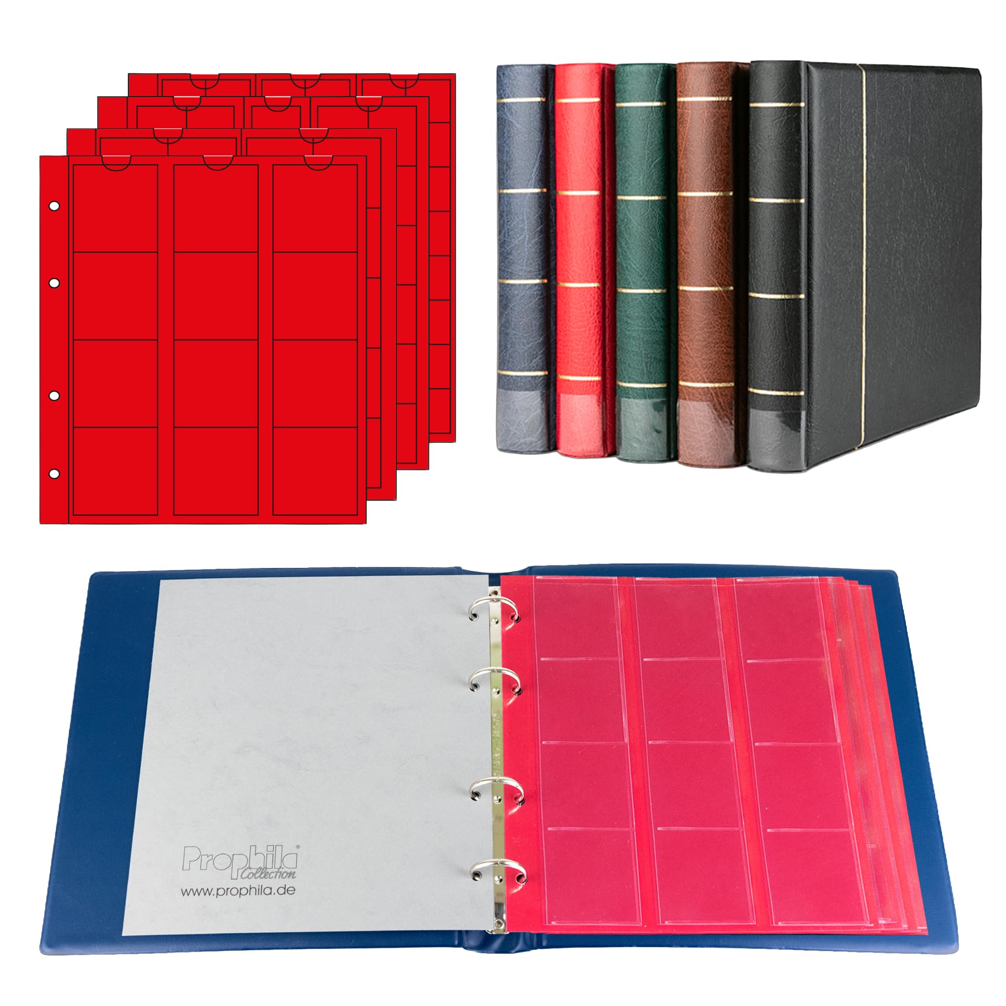 Prophila coin album with 4 Cases (red interleaves) for 110 coins