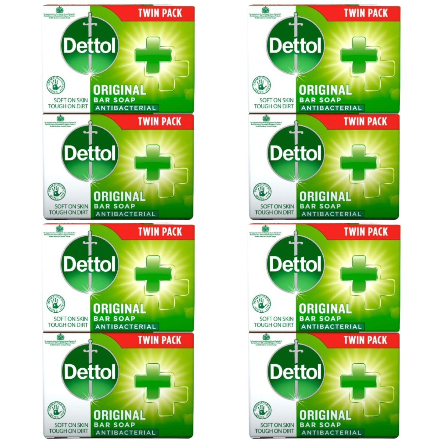 Dettol Soap Original Antibacterial Bar - 4 Twin Pack, 8 x 100g Antibacterial Hand & Body Soap Bar – Disinfects and Kills 99.99% of Germs, Ideal for Handwashing and Cleansing