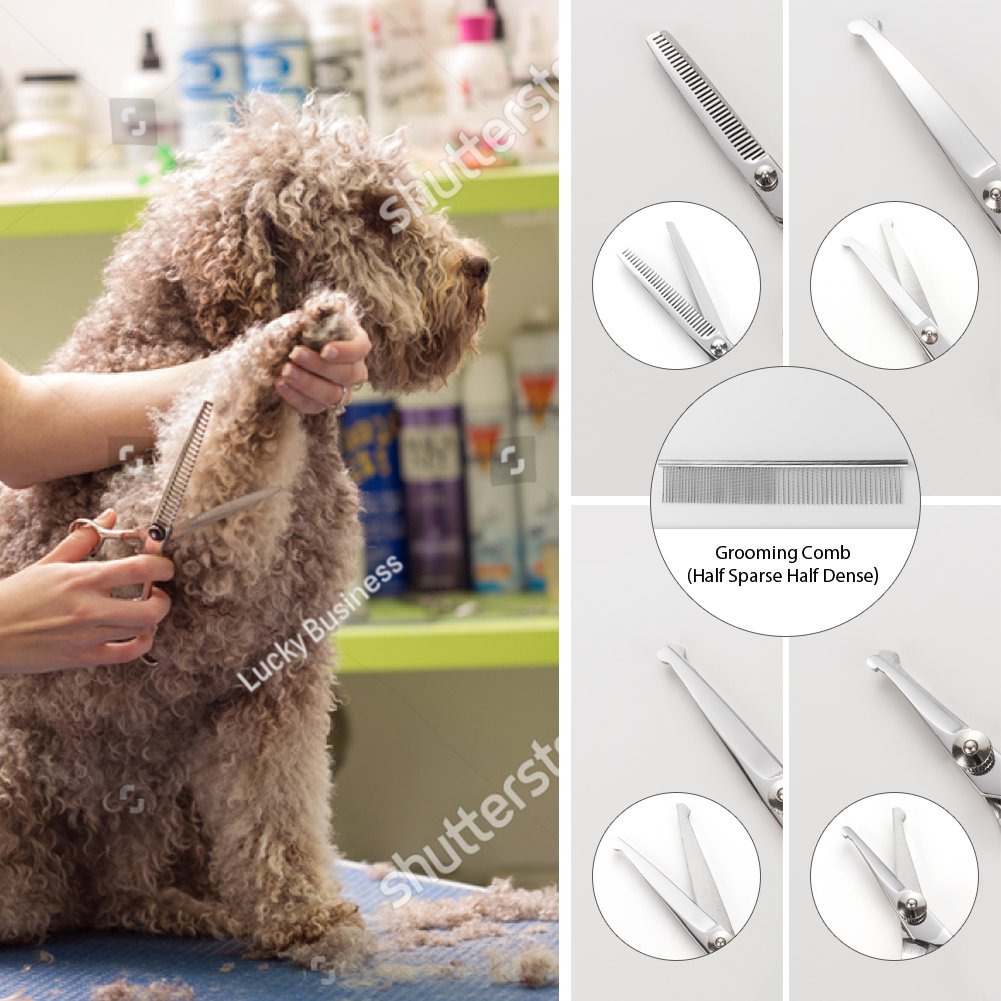 5 PCS Pet Grooming Scissors Kit,Professional Dog Cat Grooming Scissors Include Grooming Comb & Cutting&Curved&Thinning Shears with Safety Rounded Tips