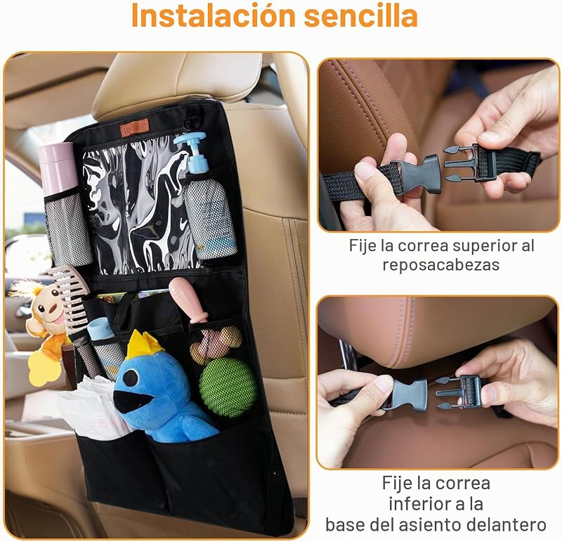 Protector Asiento Coche Organizador Multi-Bolsillos de Gran Capacidad con Almacenamiento para Tablet, Juguetes, Libros y Vasos, Oxford Impermeable para Niños, Negro SURFOU