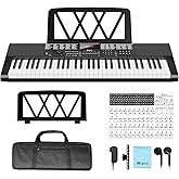 Keyboard Piano 61 Keys, Electric Piano Keyboard Kit with 255 Voices, 255 Rhythms, Powered by Power Adapter or Battery with LCD Display, Includes Sheet Music Stand, Piano Note Stickers, Earbuds (BLACK)