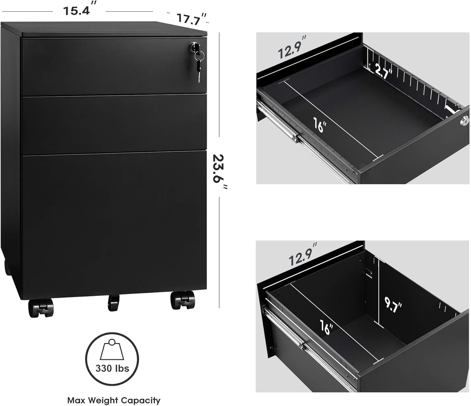 DEVAISE Locking File Cabinet, 3 Drawer Rolling Pedestal Under Desk, Fully Assembled Except Casters, Black : Office Products