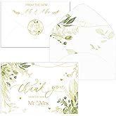 Braveriky 100 Pack Wedding Thank You Cards with Envelopes & Stickers from the New Mr and Mrs - 4x6 Watercolor Olive Gold Foil Blank Thank You Note Cards