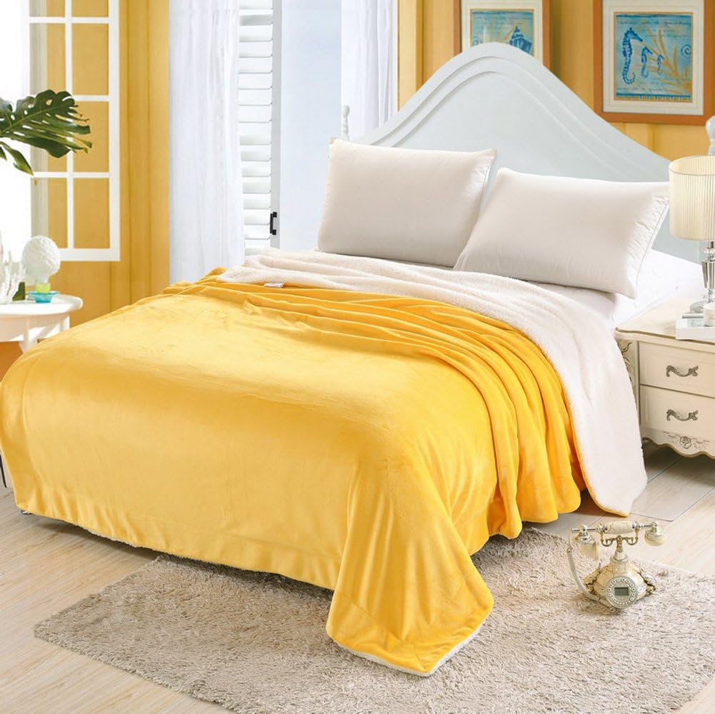 Zangge Bedding Luxury Soft Large Flannel Sherpa Throw Sofa Chunky Bed Blanket Yellow 200cm x 230cm