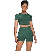 Sytiz Women Seamless Yoga Outfits 2 Piece Set Workout Gym Shorts + Short Sleeve Crop Top