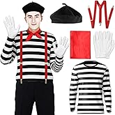 Mime Costume Men 5Pcs French Mime Artist Costume for Halloween Cosplay | Adult Black and White Stripe Shirt with Black Beret, Red Scarf, Red Y-Shaped Back Suspender, White Gloves for Dress up