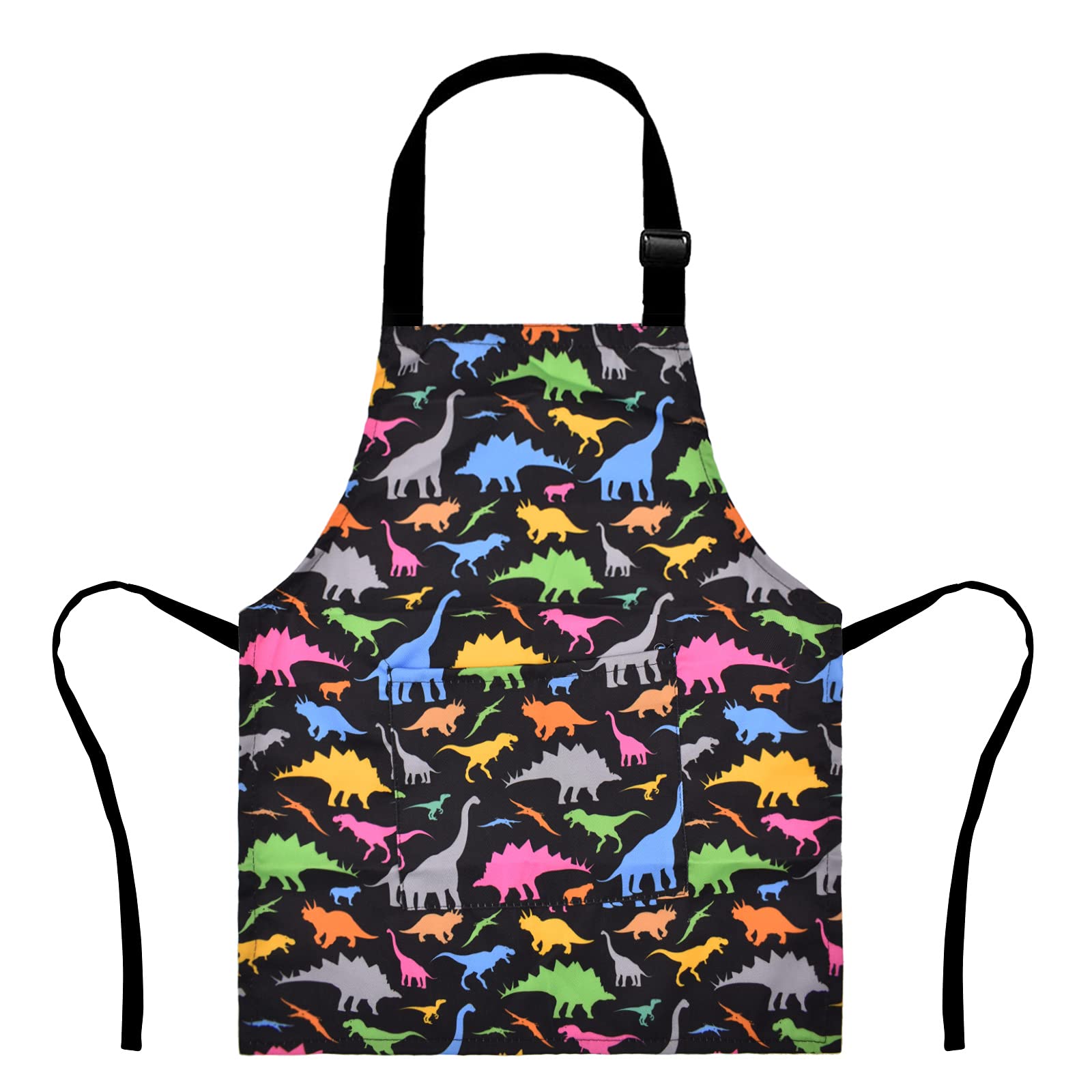 XonyiCos Kids Boys Dinosaur Apron with Pockets, Girls Aprons for Cooking, Painting, Kitchen Chef Apron for Children 3-12 Years (Black & Dinosaurs, Large (6-12 Years)) โ image 1