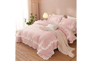 Jolusere Pink Ruffle Duvet Cover Queen Girls Shabby Chic Farmhouse Bedding Set 3Pcs 100% Washed Microfiber Duvet Cover Set Boho Romantic Ruffled Bedding with Zipper Closure & Corner Ties,2 Pillowcases