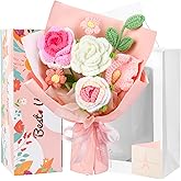 MengxFly Crochet Flower Bouquet Pink, Handmade Crochet Flowers Bouquet, Knitted Floral Gift for Her Valentines Day Anniversary Birthday Motherโs Day Women Wife Lover Friends with Gift Box Bag and Card