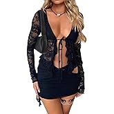 CSDAJIO 2 Piece Outfits for Women Floral Lace Open Front Tie Up Long Sleeve Crop Top Blouse Shirt and Mini Skirt Set