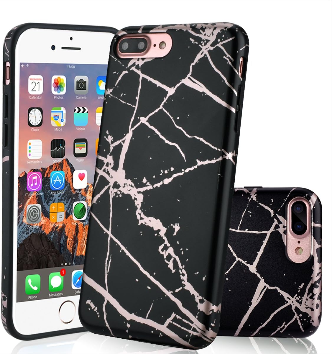 iPhone 7 Plus Case, iPhone 8 Plus Case, CANSHN [Shiny Rose Gold & Black Marble Design] Clear Slim Shockproof Soft Matte TPU Bumper Phone Case Cover Skin for Apple iPhone 7 Plus & iPhone 8 Plus
