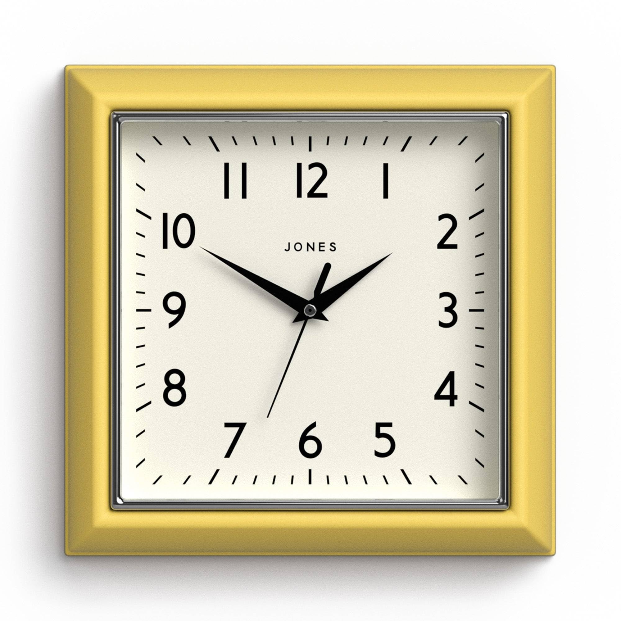 Jones Clocks® Mustard wall clock | Square retro clock | 25cm | Yellow | Easy to read numbers | Perfect for kitchen or office