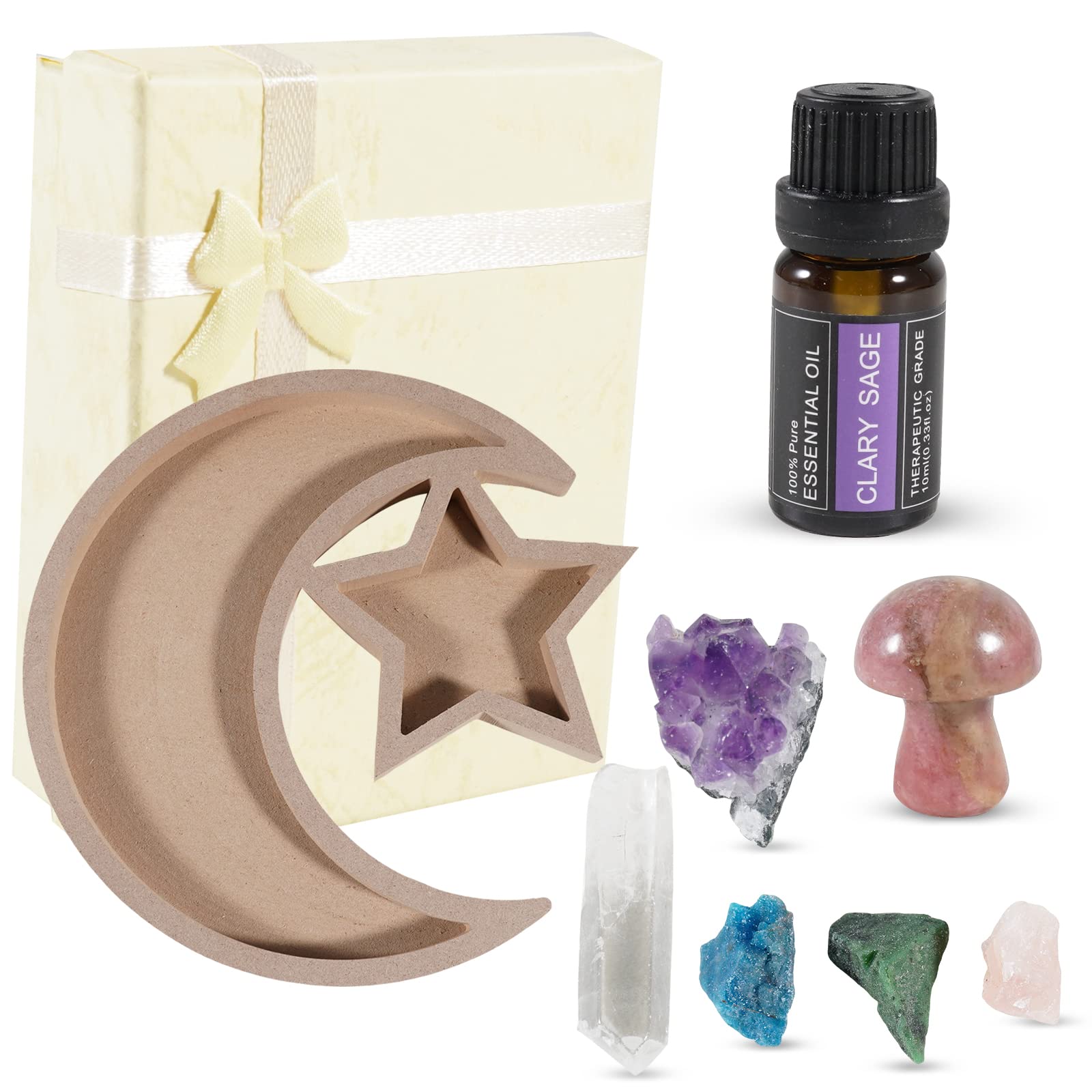 Soulnioi Crystal Holder Tray(Pentagram+Moon), Decorative Display Tray for Jewelry, Crystal Stones, Essential Oils, with CLARY SAGE Essential Oil, 6pcs Raw Crystal Stones, with Delicate Gift Box