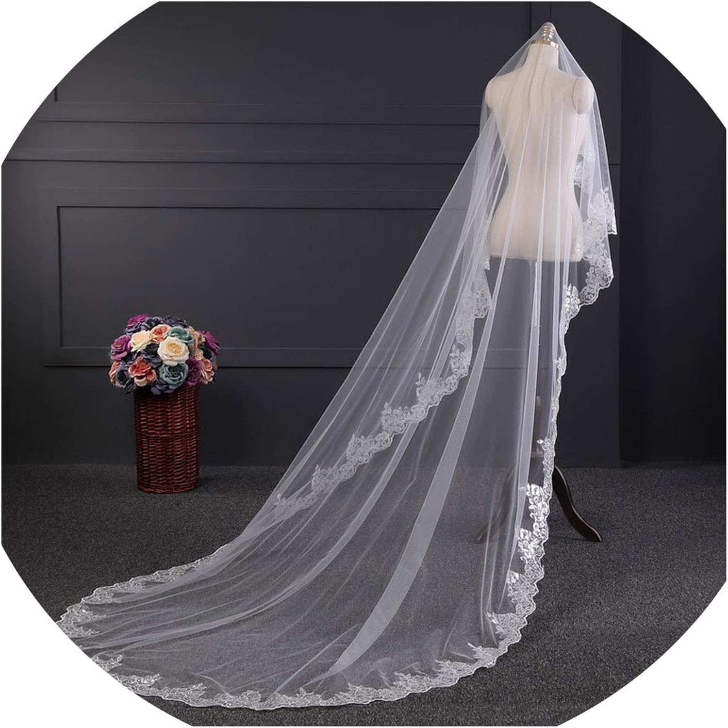 One Layer Chapel Length Bridal Veils Soft Tulle Sequins Lace Appliques
