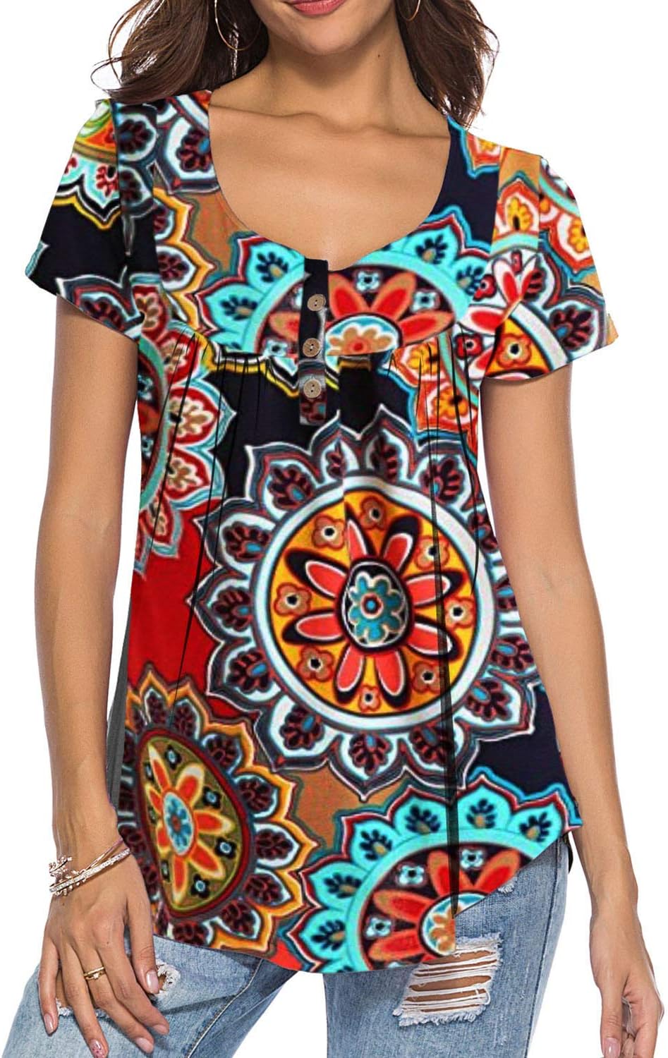 Dasbayla Ladies Short Sleeve V Neck T Shirts Floral Print Tunic Tops