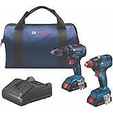 Bosch GXL18V-240B22 18V 2-Tool Combo Kit with 1/2 In. Hammer Drill/Driver, Two-In-One 1/4 In. and 1/2 In. Bit/Socket Impact Driver/Wrench and (2) 2 Ah Standard Power Batteries