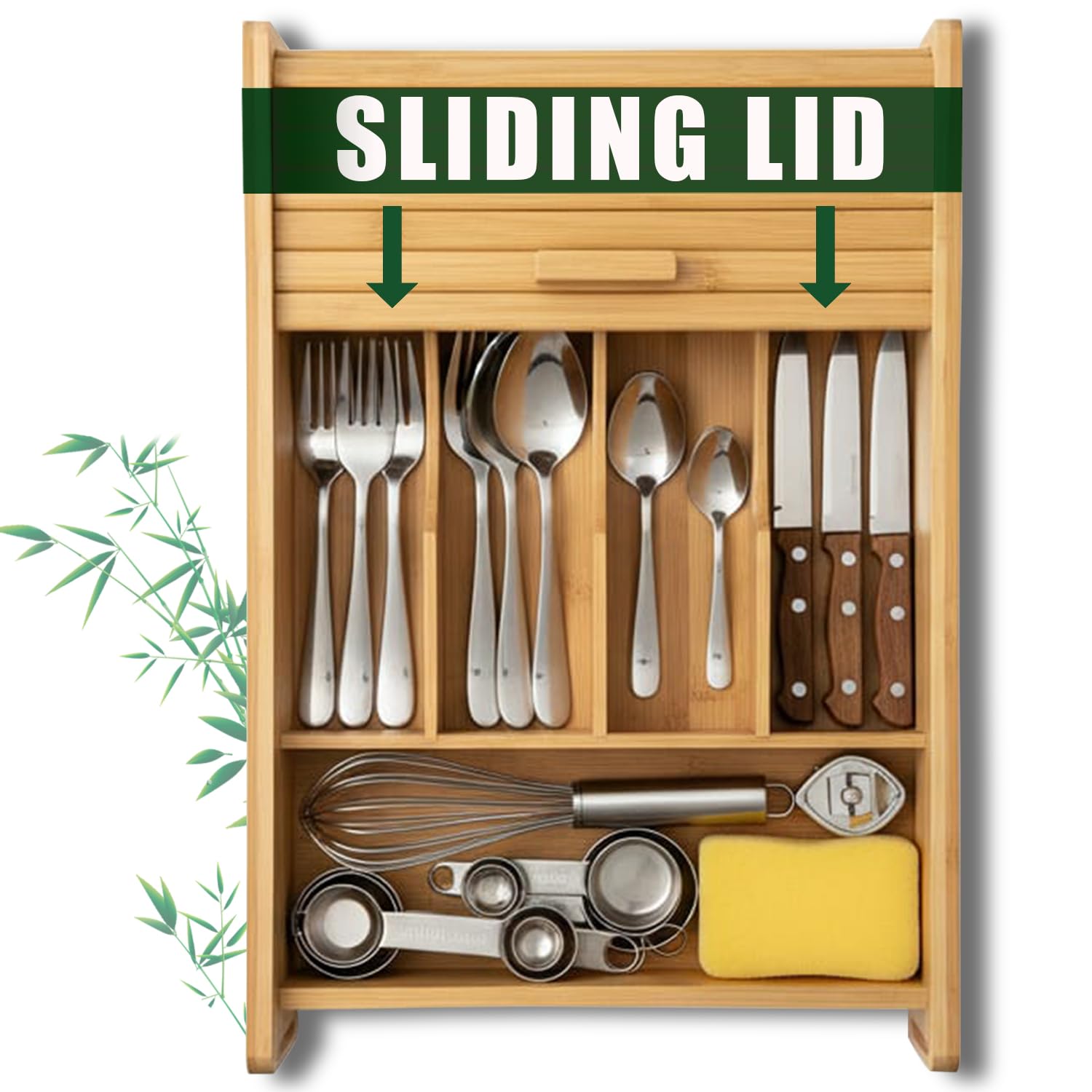 Photo 1 of KozyKoala & Co. Bamboo Drawer Organizer with Sliding Lid - 5 Slot Kitchen Drawer Organizer & Utensil Holder - Wood Bamboo Cutlery Tray for Flatware & Multipurpose Storage for Home & Office