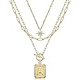 MJartoria Layered Initial Necklaces for Women Trendy, 14K Gold Plated Brass Simple Star Choker Square Letter Pendant Necklace
